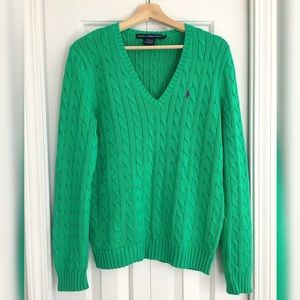 RALPH LAUREN green cotton v-neck sweater l